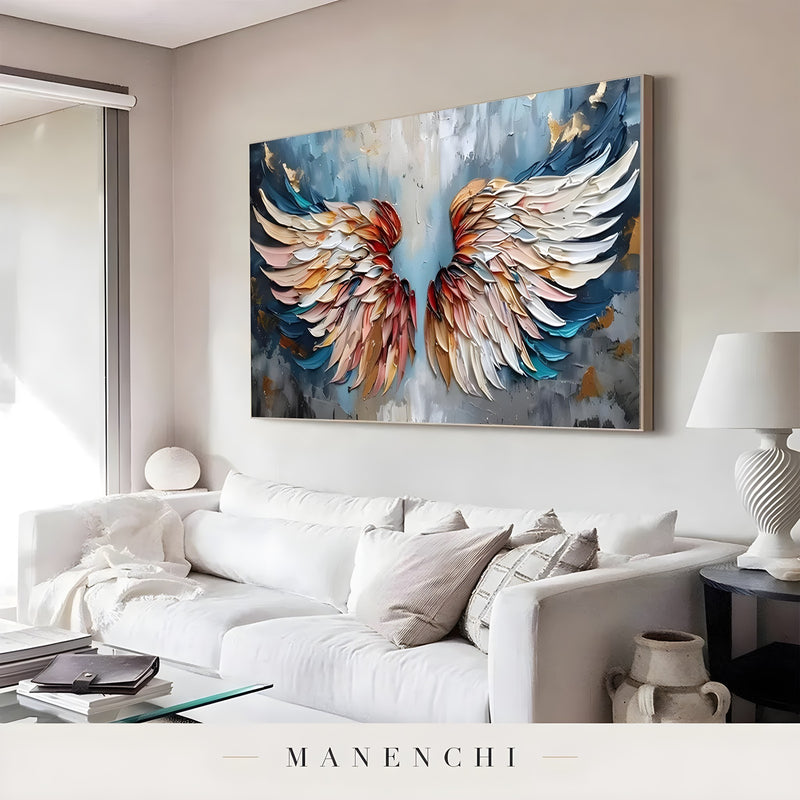 Celestial Avian Ascent abstract painting displayed in bright living room decor
