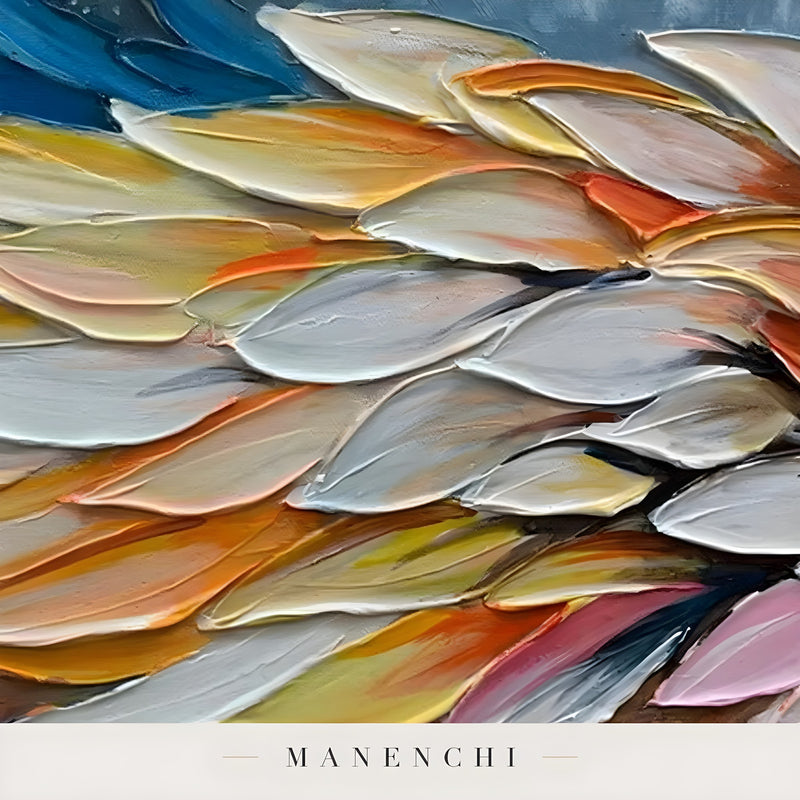 Close-up detail of the textured brushwork in Celestial Avian Ascent