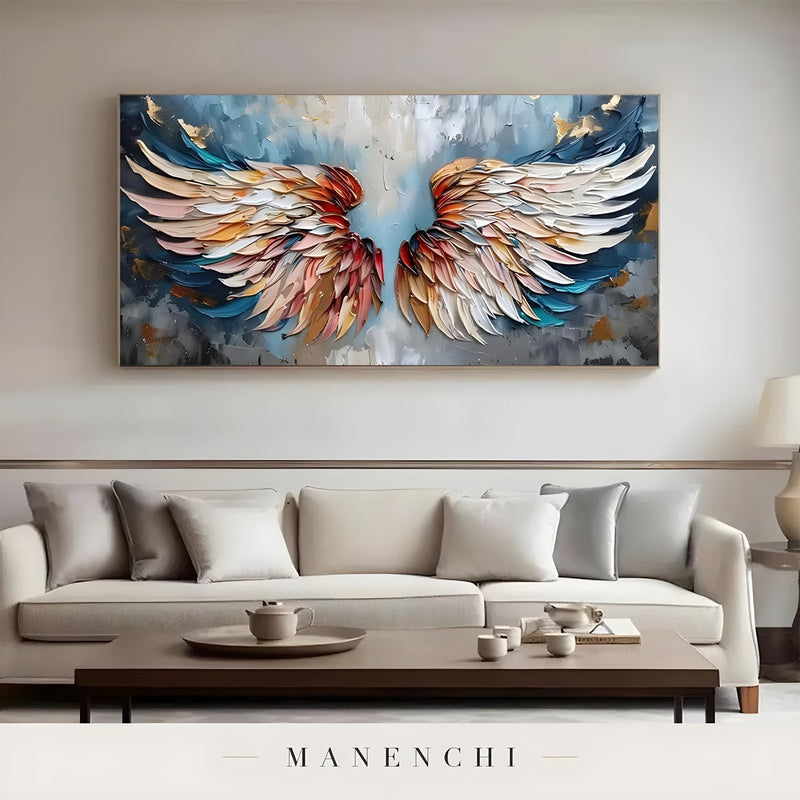 Celestial Avian Ascent abstract painting displayed in contemporary sofa living room