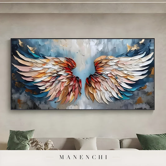 Celestial Avian Ascent abstract painting displayed in living room sofa