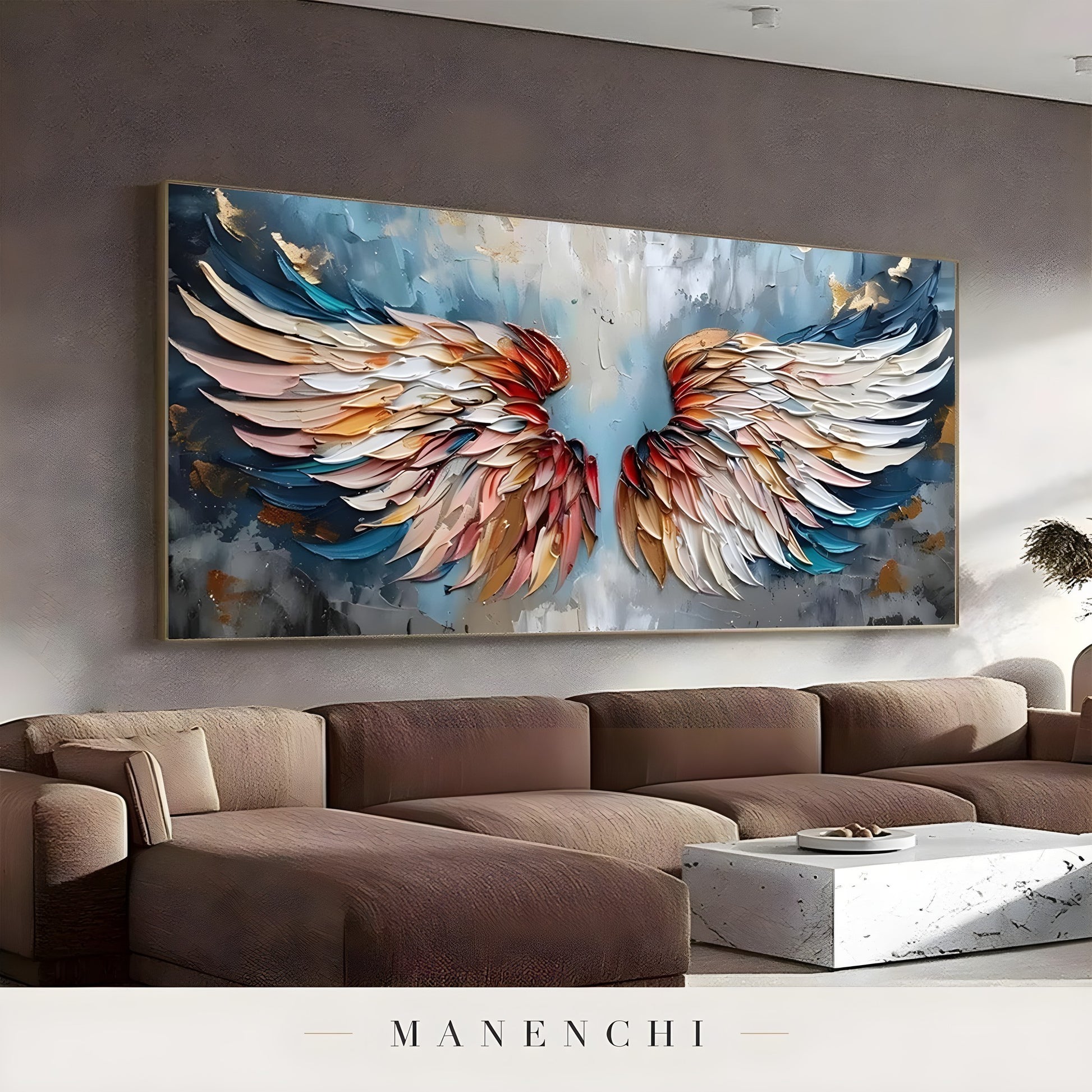 Celestial Avian Ascent abstract painting displayed in luxury lounge interior