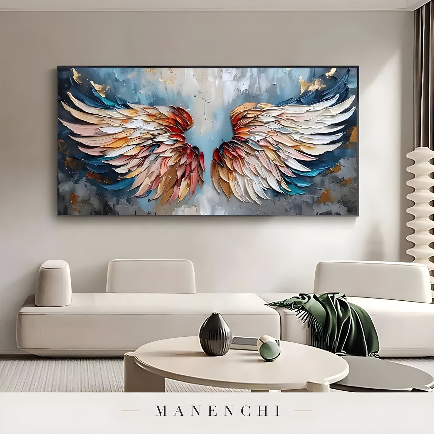Celestial Avian Ascent abstract painting displayed in modern living room