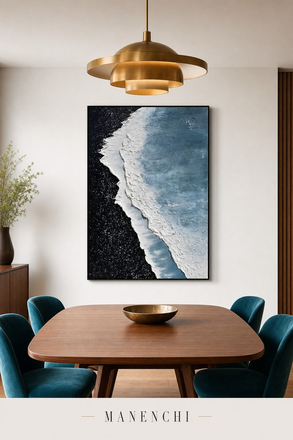 Celestial Tide abstract painting displayed in a dining room