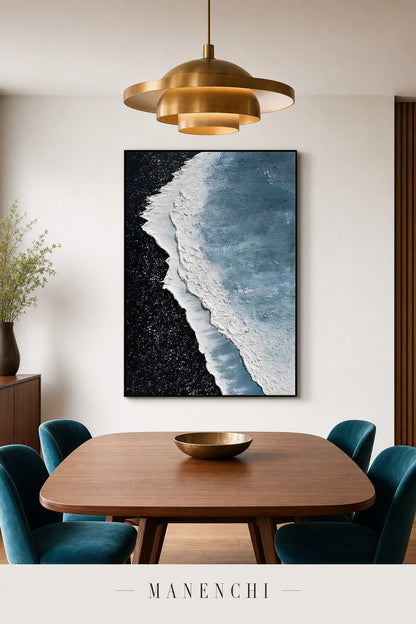 Celestial Tide abstract painting displayed in a dining room