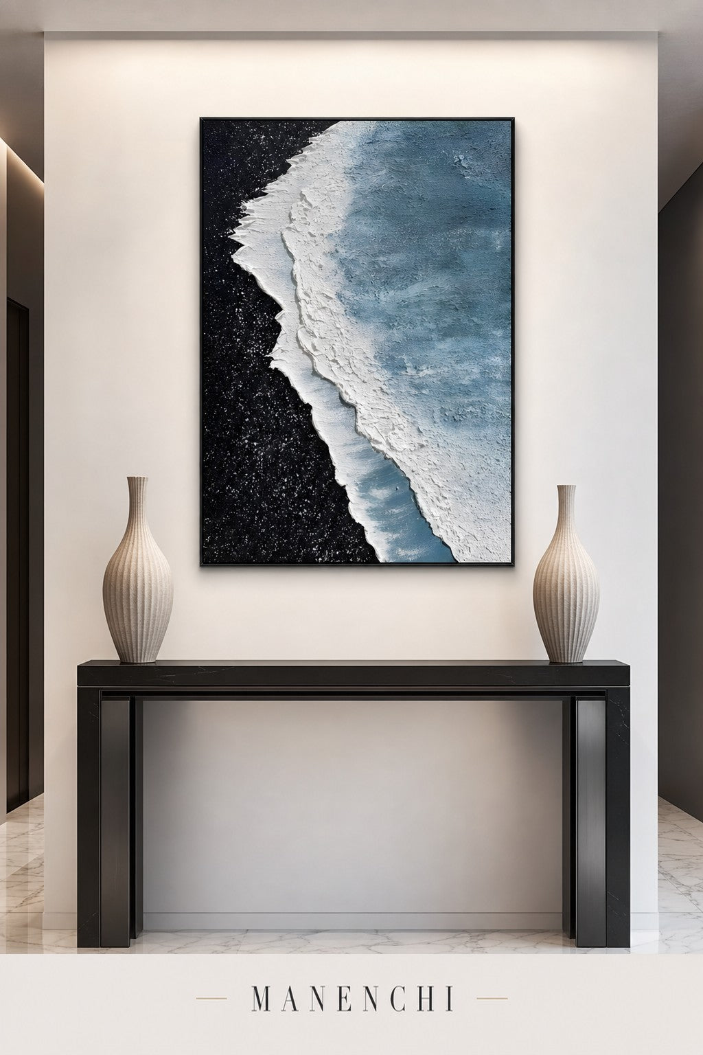 Celestial Tide abstract painting displayed in an entryway