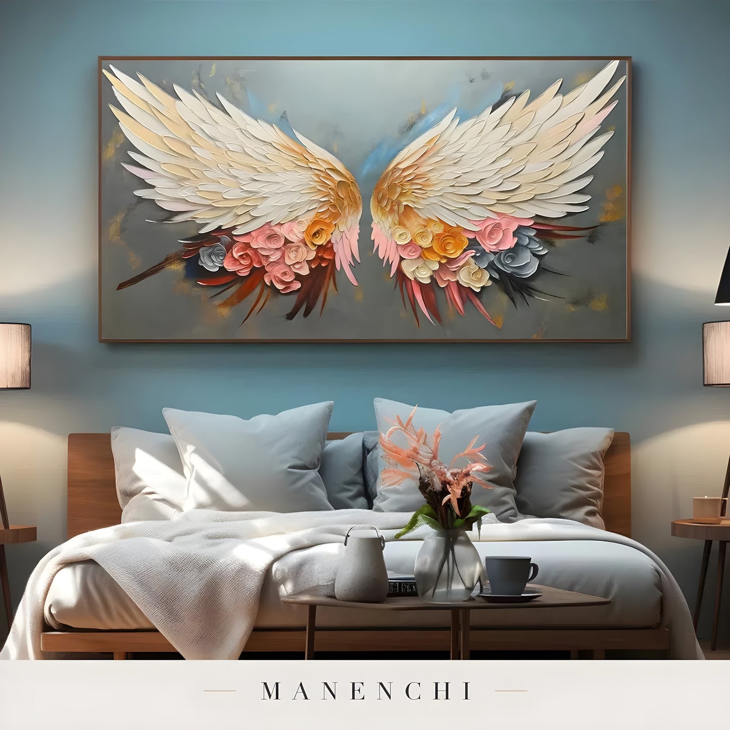 Celestial Winged Bloom abstract painting displayed in bedroom wall art