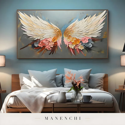 Celestial Winged Bloom abstract painting displayed in bedroom wall art
