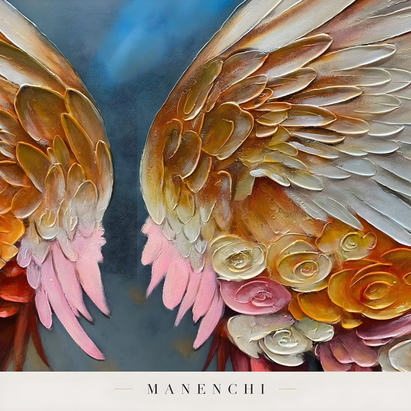 Close-up detail of the textured brushwork in Celestial Winged Bloom