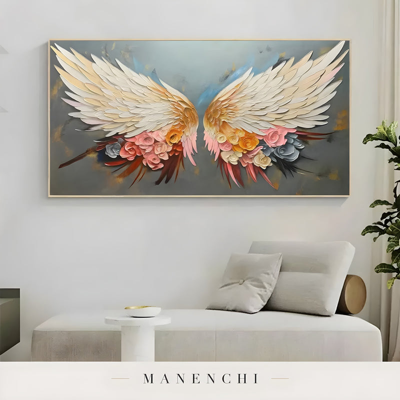 Celestial Winged Bloom abstract painting displayed in contemporary lounge area