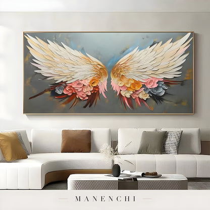 Celestial Winged Bloom abstract painting displayed in living room sofa