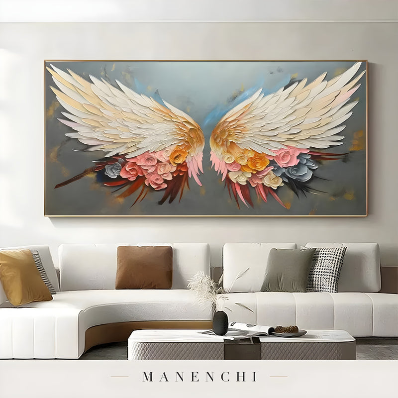 Celestial Winged Bloom abstract painting displayed in living room sofa