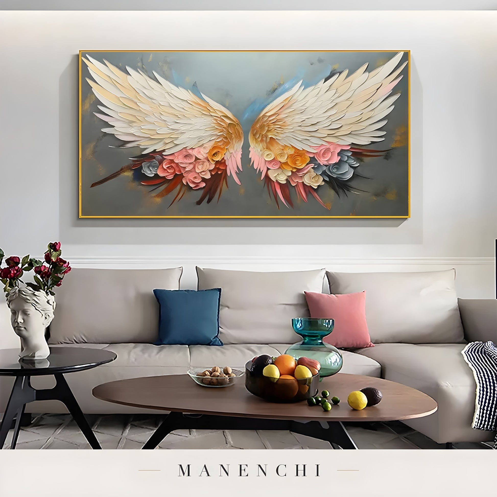 Celestial Winged Bloom abstract painting displayed in minimalist living room
