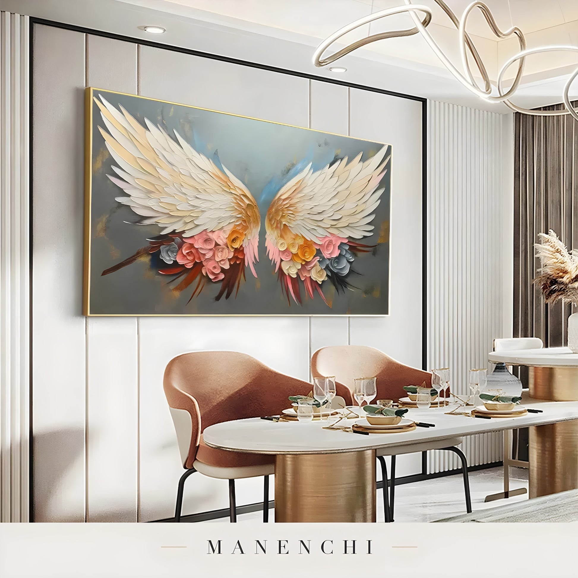 Celestial Winged Bloom abstract painting displayed in modern dining room