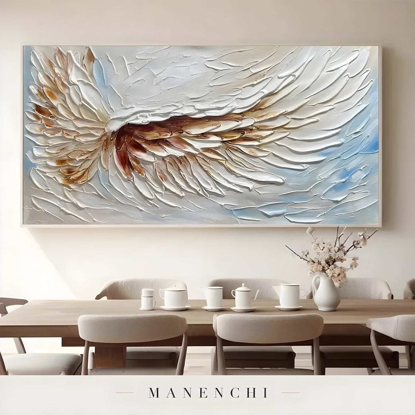Celestial Winged Grace abstract painting displayed in dining room setting