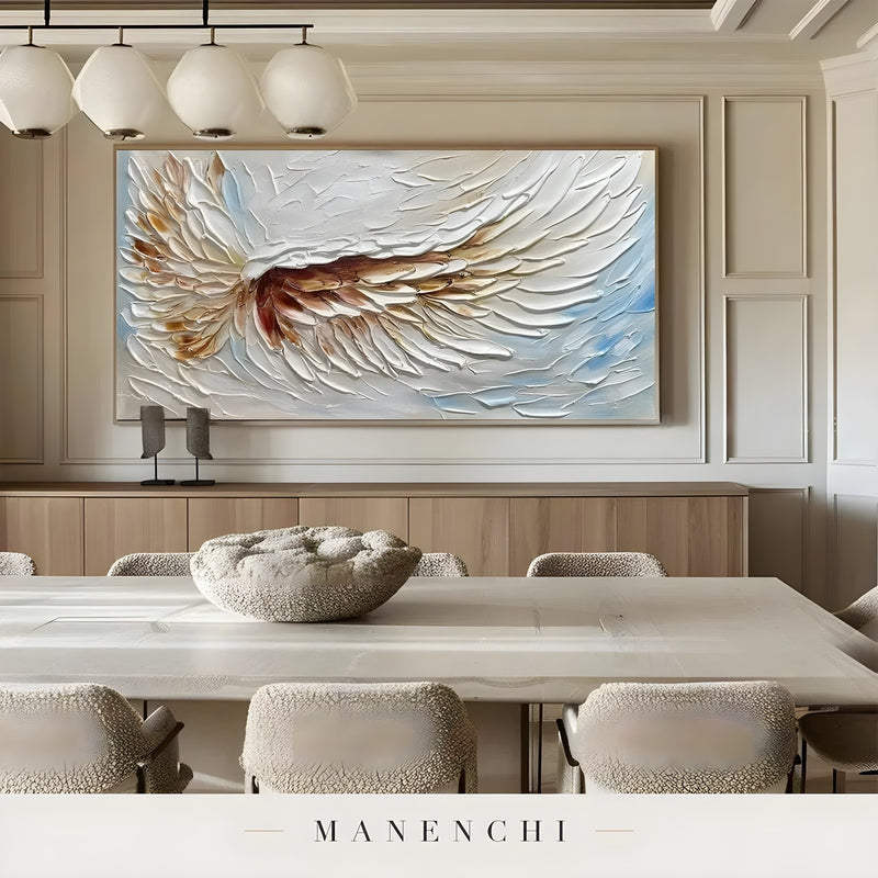 Celestial Winged Grace abstract painting displayed in formal dining room