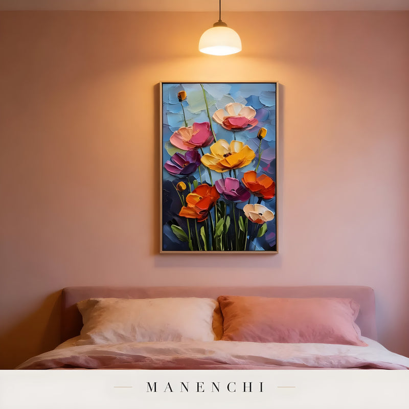 Cerulean Bloom abstract painting displayed in bedroom wall decor