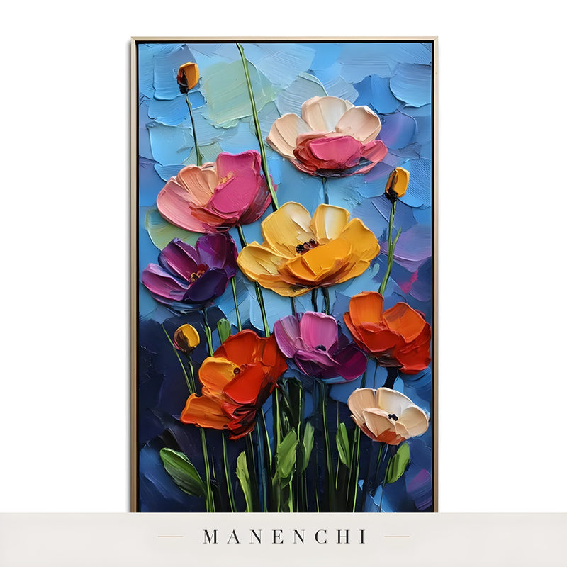 Cerulean Bloom abstract painting displayed in framed art piece