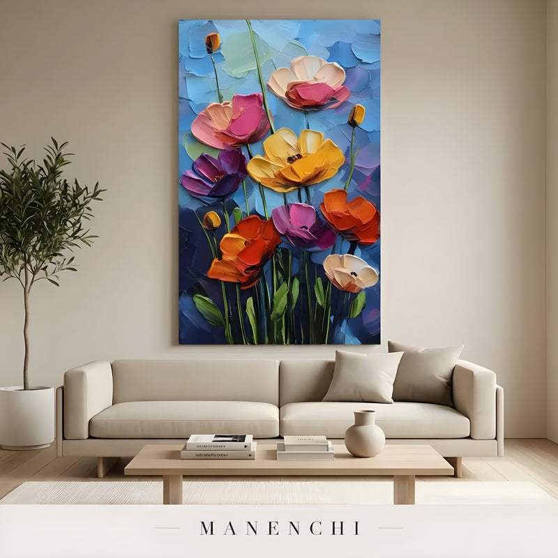 Cerulean Bloom abstract painting displayed in living room art mockup