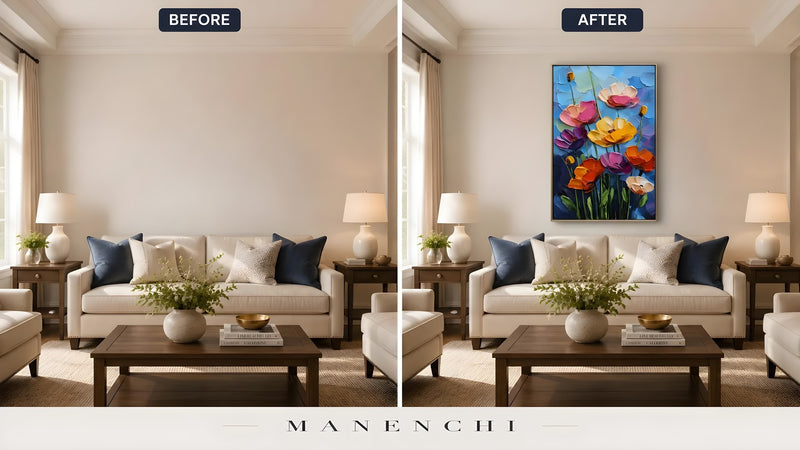 Cerulean Bloom original hand-painted artwork, before and after in a styled room