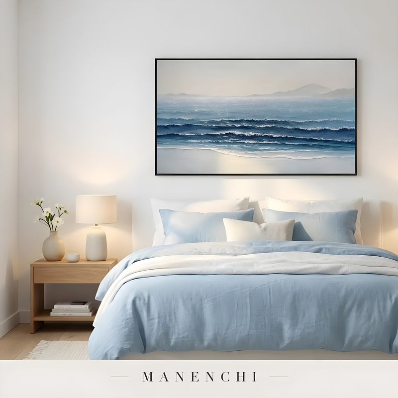 Cerulean Coastal Stillness abstract painting displayed in bedroom with coastal painting