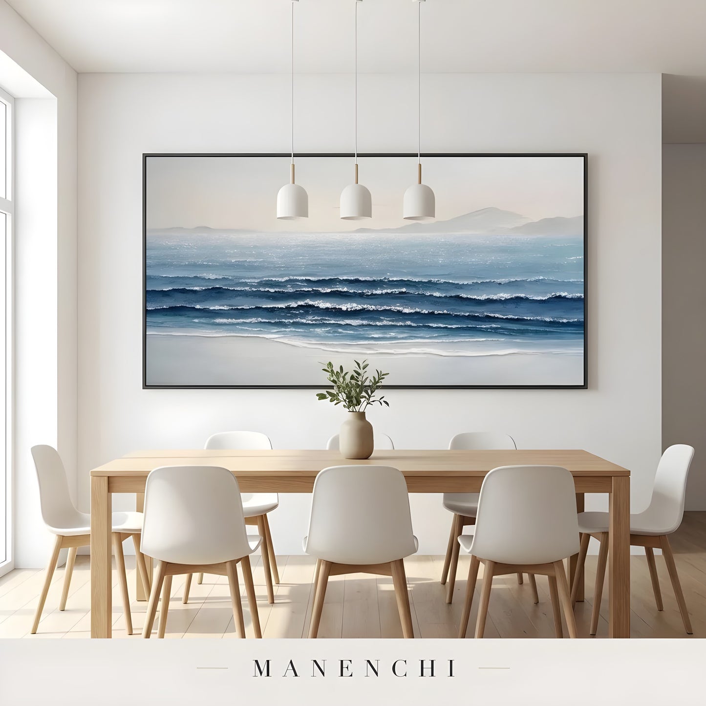 Cerulean Coastal Stillness abstract painting displayed in modern dining room setting