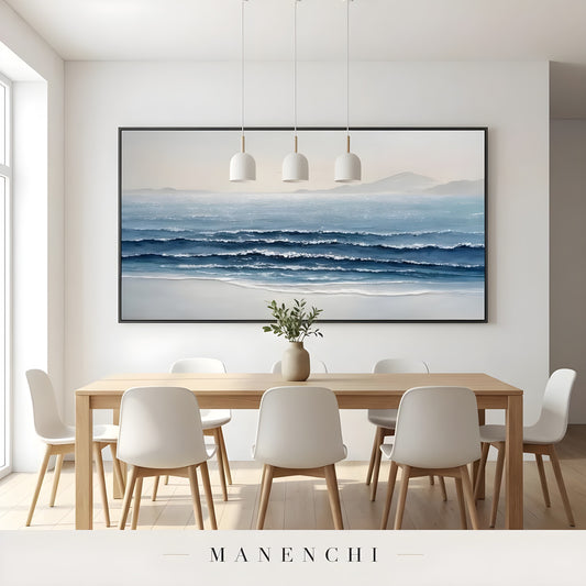 Cerulean Coastal Stillness abstract painting displayed in modern dining room setting