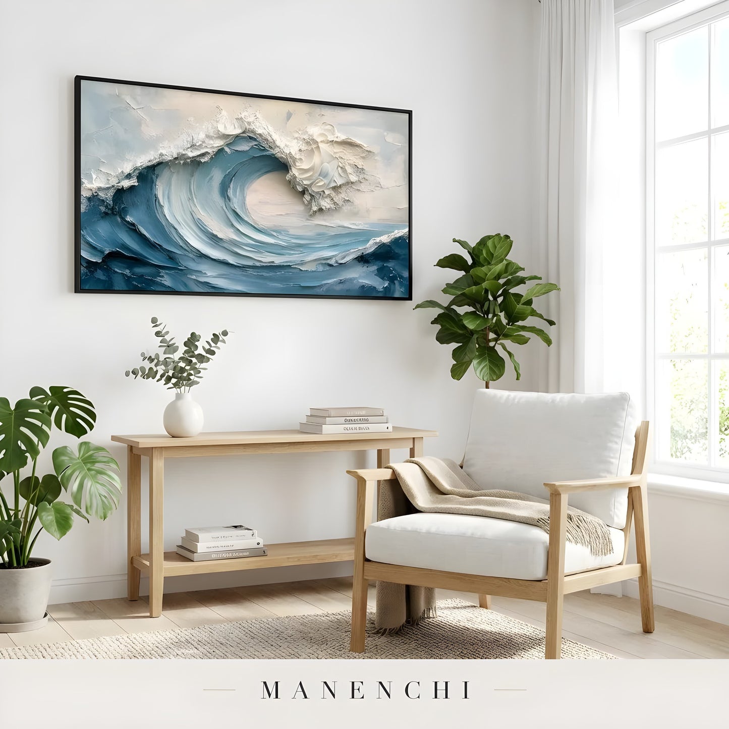 Cerulean Surge abstract painting displayed in accent chair living space