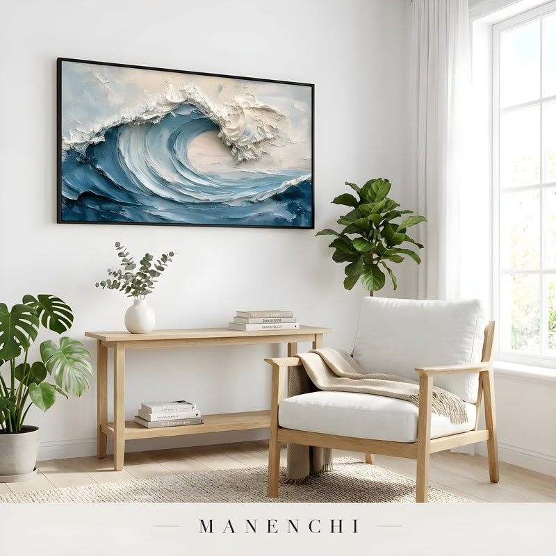 Cerulean Surge abstract painting displayed in accent chair living space