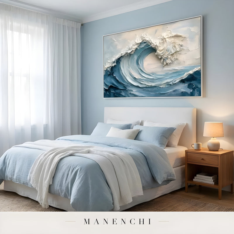 Cerulean Surge abstract painting displayed in bedroom coastal styling