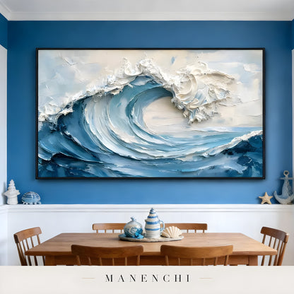 Cerulean Surge abstract painting displayed in dining room nautical decor