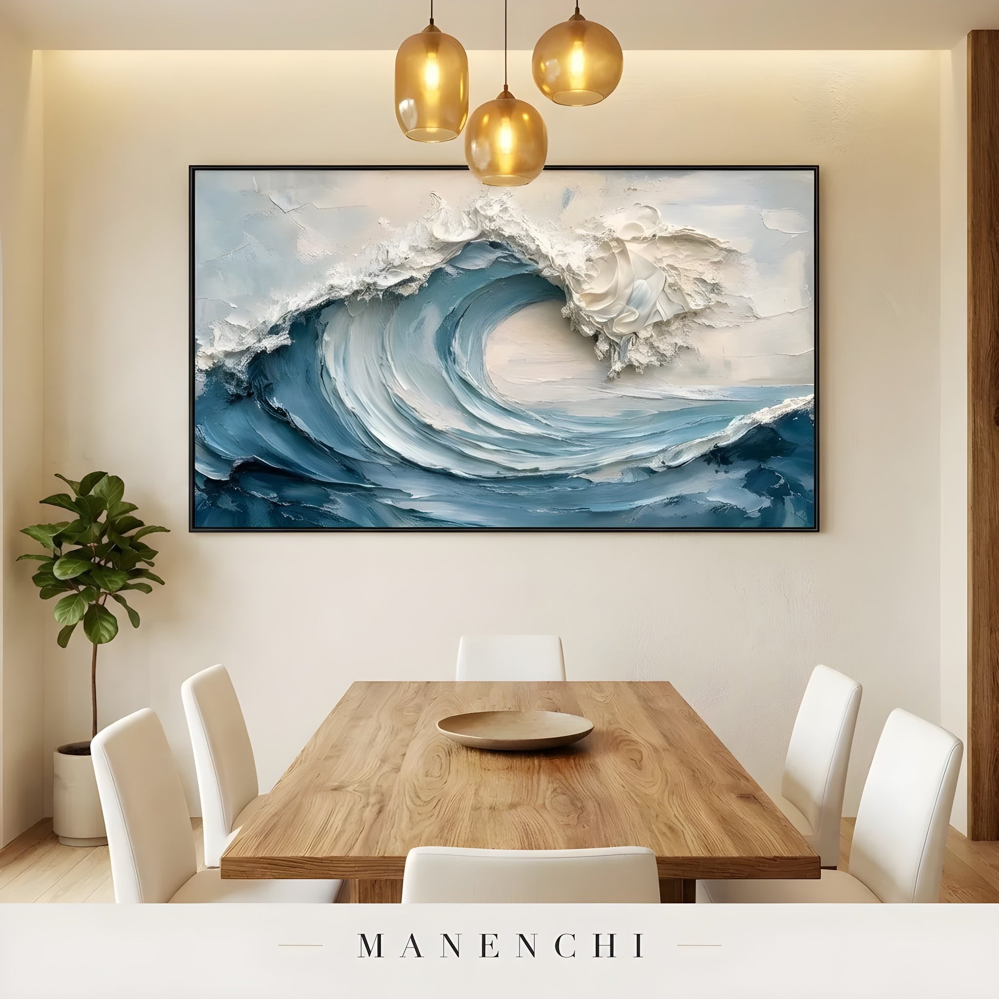 Cerulean Surge abstract painting displayed in dining room pendant lighting