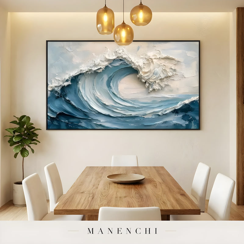 Cerulean Surge abstract painting displayed in dining room pendant lighting
