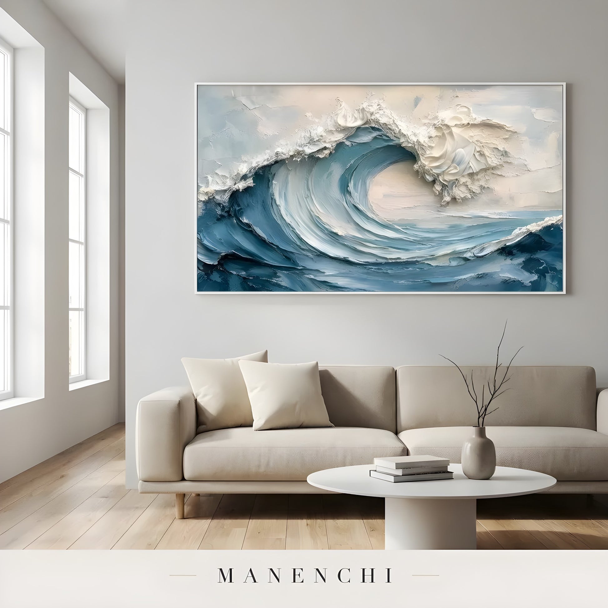 Cerulean Surge abstract painting displayed in sofa living room interior