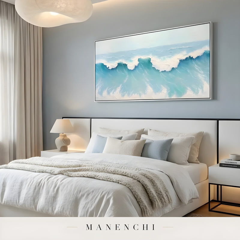 Cerulean Swell Momentum abstract painting displayed in bedroom