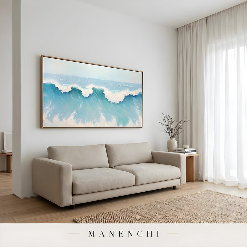 Cerulean Swell Momentum abstract painting displayed in living room