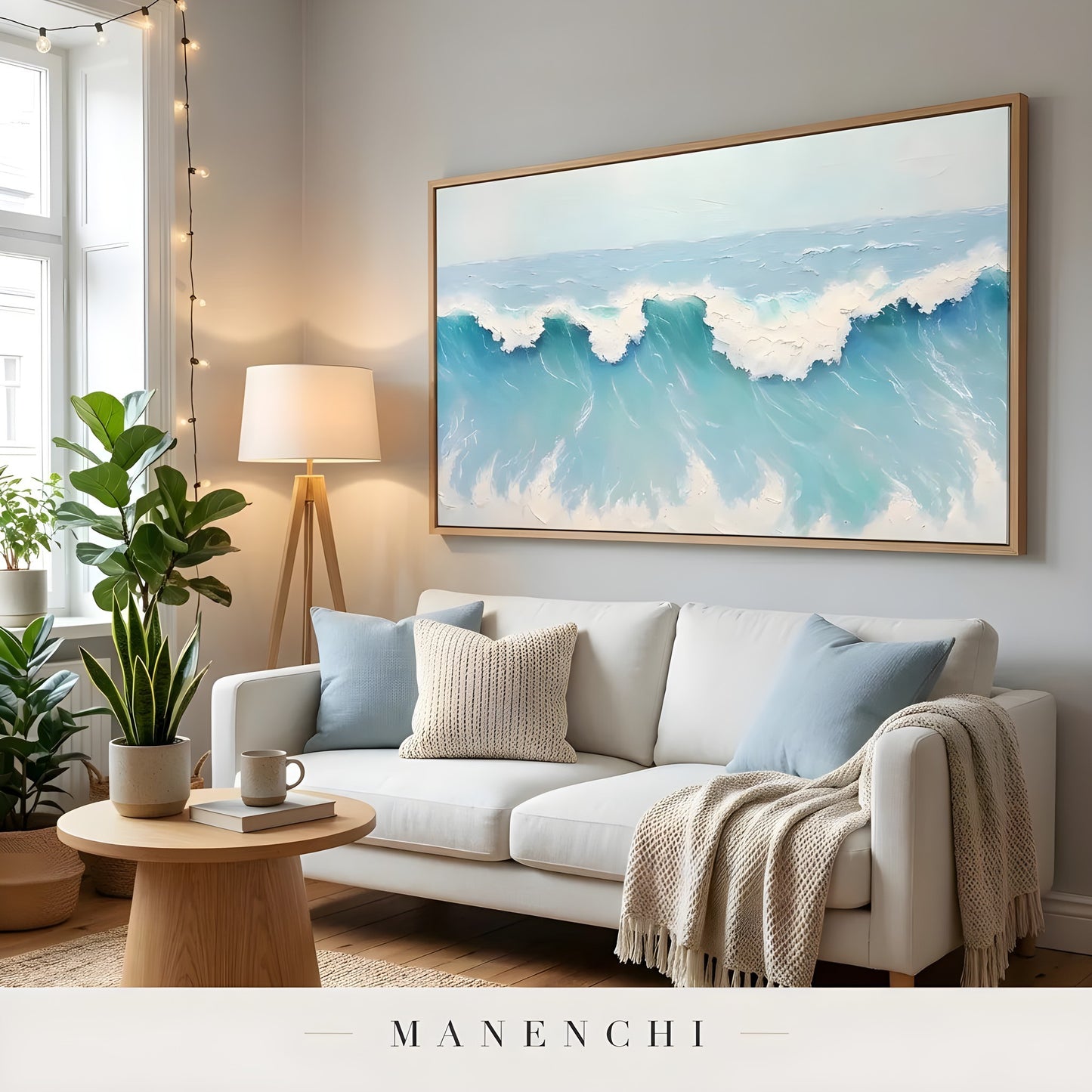 Cerulean Swell Momentum abstract painting displayed in living room