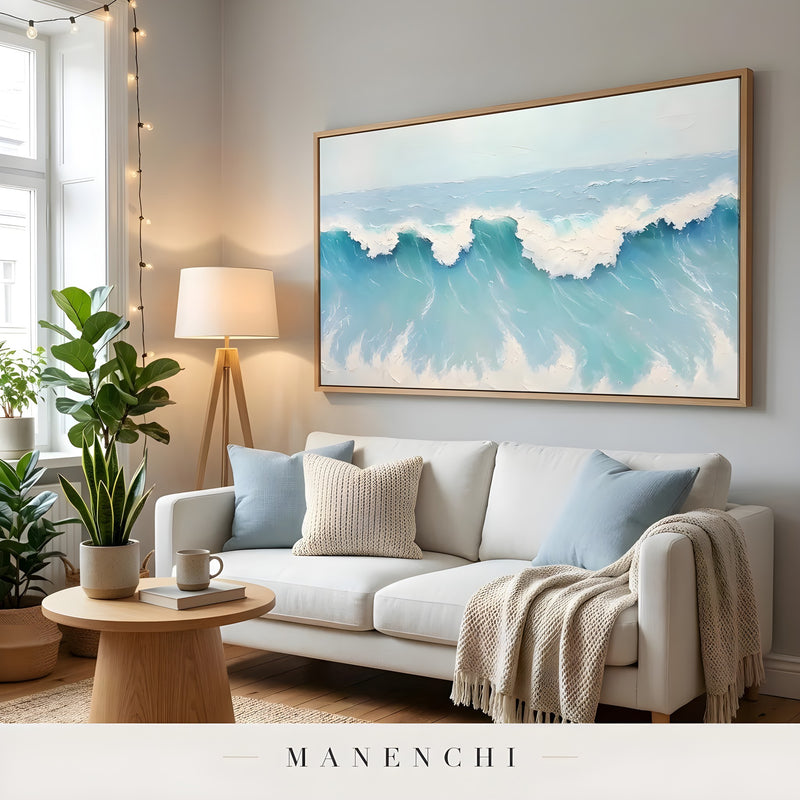 Cerulean Swell Momentum abstract painting displayed in living room