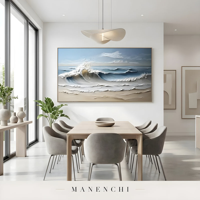Cerulean Tidal Impression abstract painting displayed in dining room table