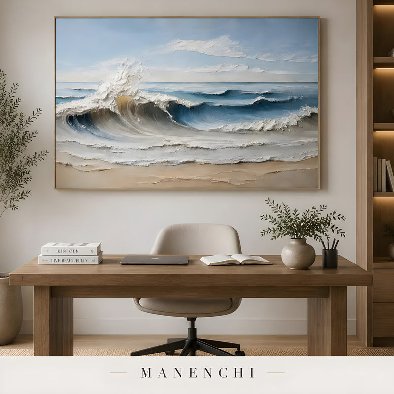 Cerulean Tidal Impression abstract painting displayed in home office desk
