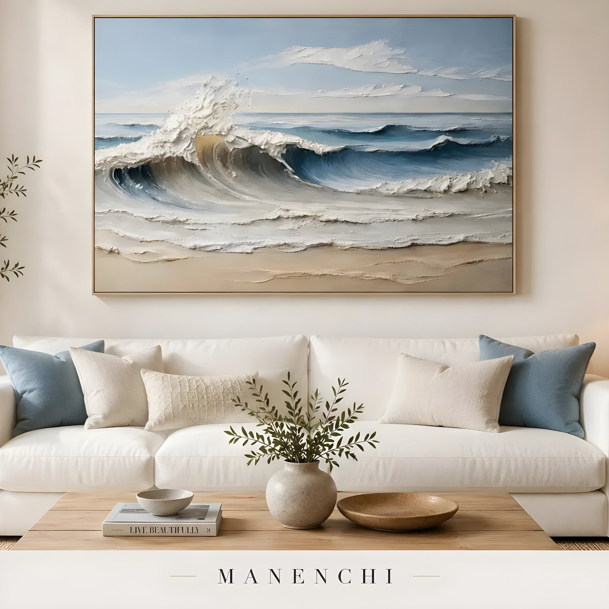 Cerulean Tidal Impression abstract painting displayed in living room sofa