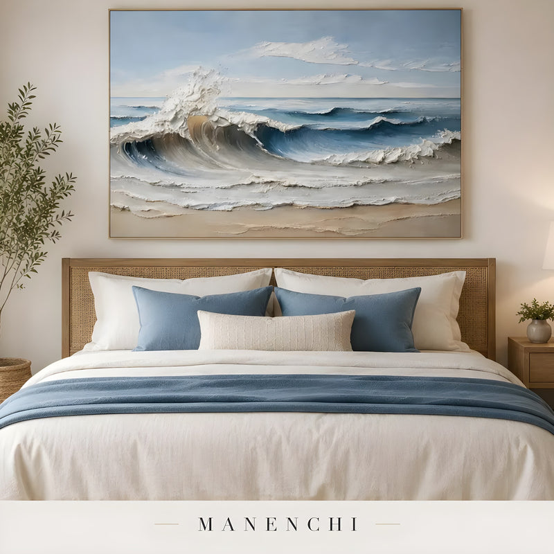 Cerulean Tidal Impression abstract painting displayed in modern bedroom interior