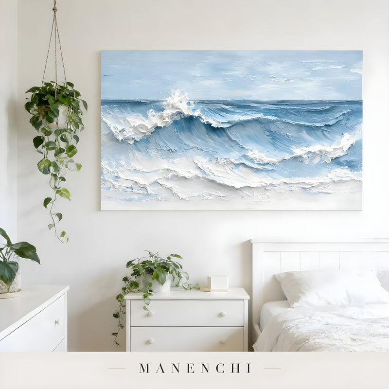 Cerulean Tidal Motion abstract painting displayed in bedroom