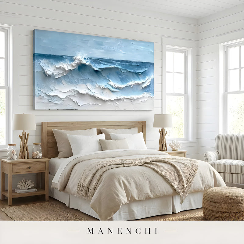 Cerulean Tidal Motion abstract painting displayed in bedroom