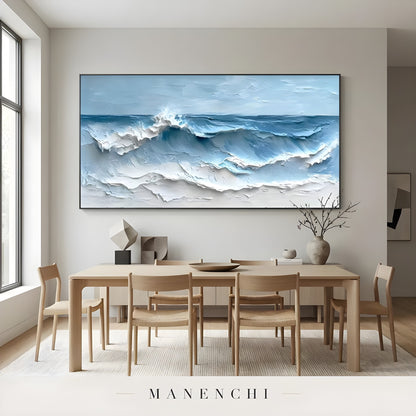 Cerulean Tidal Motion abstract painting displayed in dining room