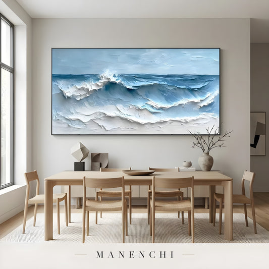 Cerulean Tidal Motion abstract painting displayed in dining room