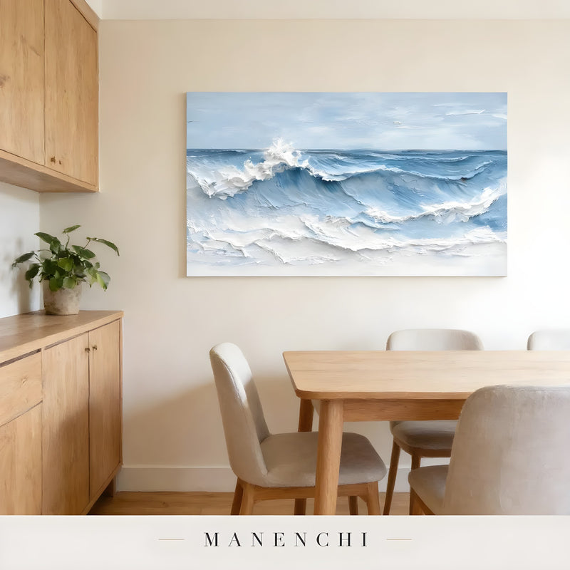 Cerulean Tidal Motion abstract painting displayed in dining room