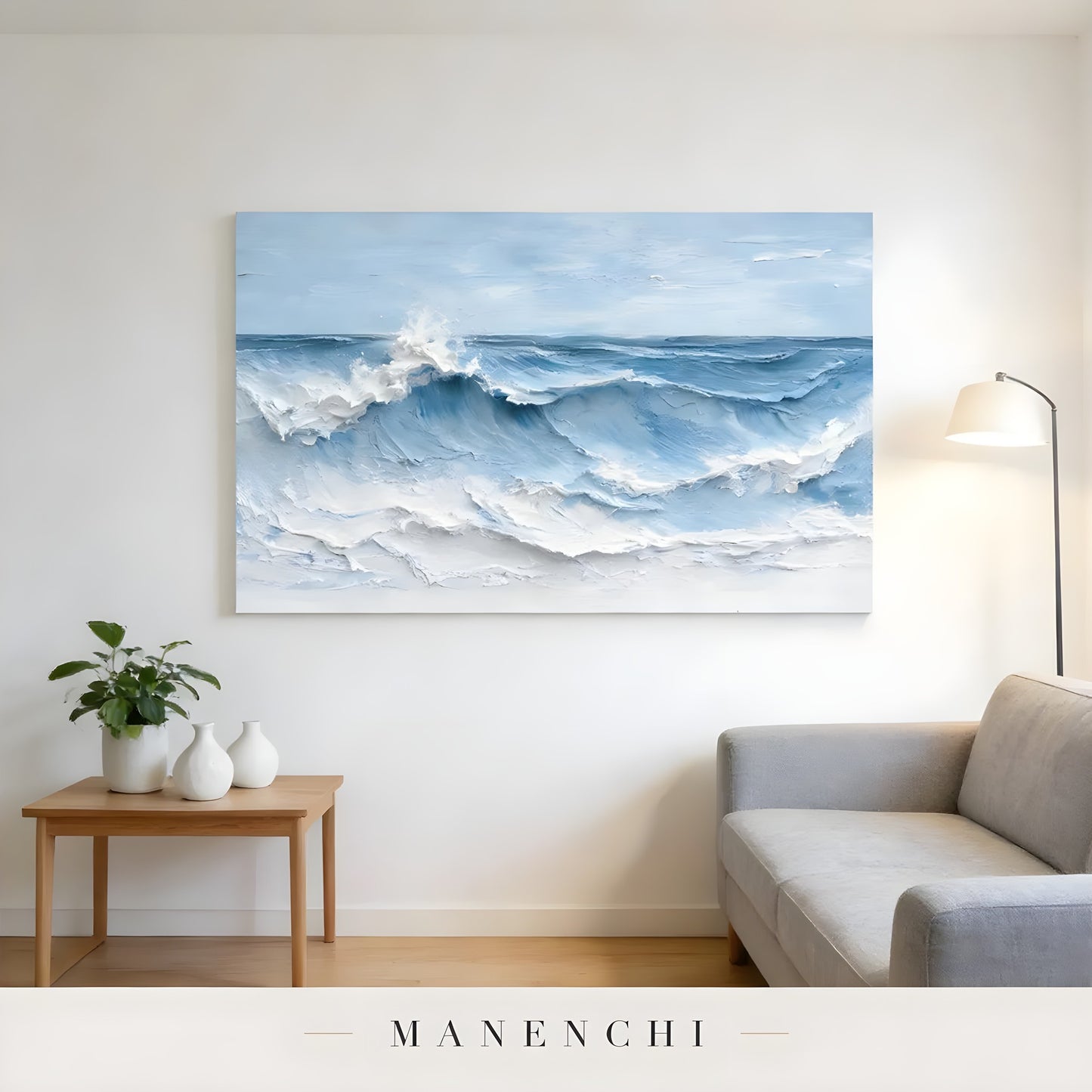 Cerulean Tidal Motion abstract painting displayed in living room