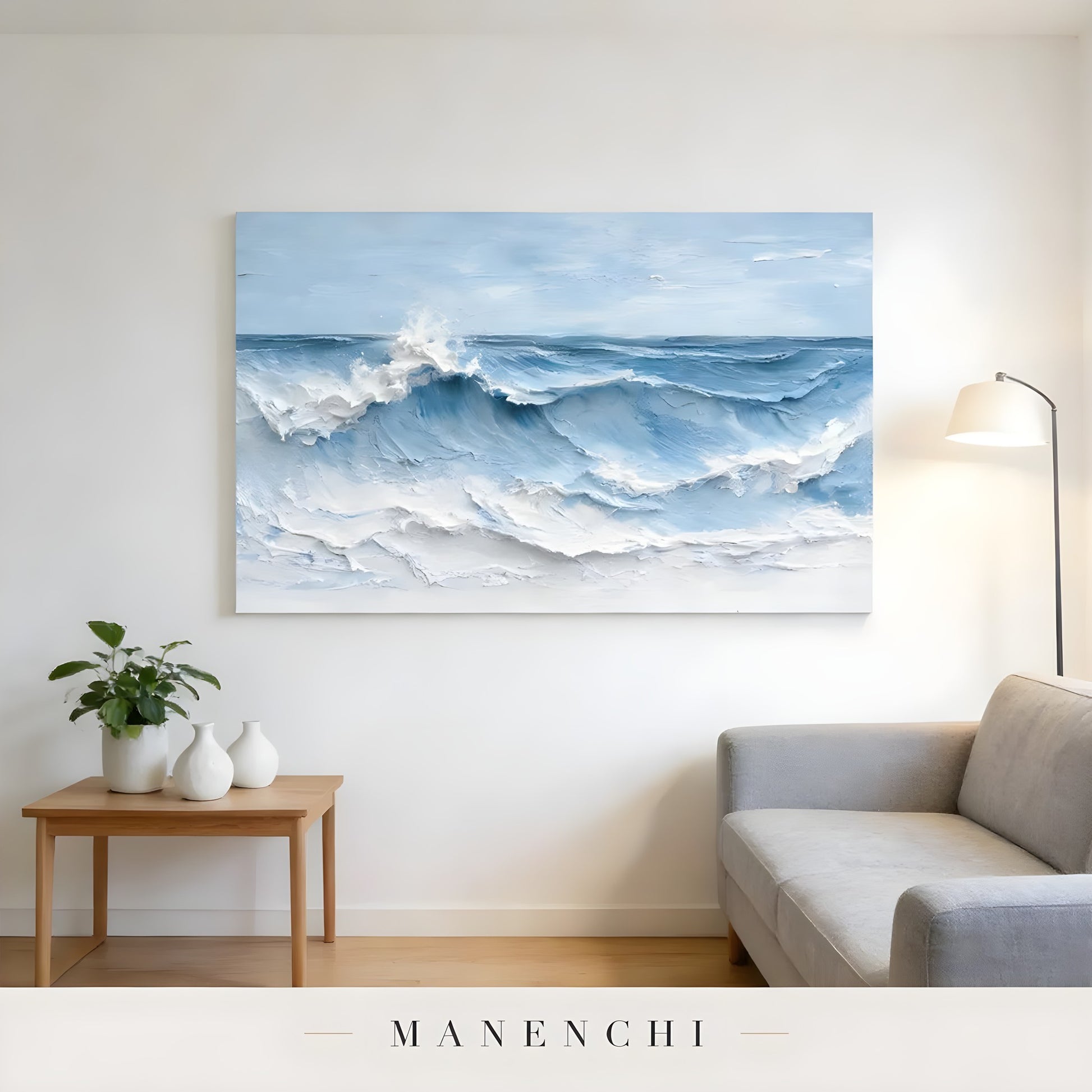 Cerulean Tidal Motion abstract painting displayed in living room