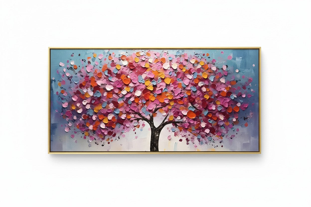 A framed horizontal canvas painting of a stylized tree with a textured, impasto-style leaf canopy in shades of pink, orange, purple, and blue against a soft blue and gray background.