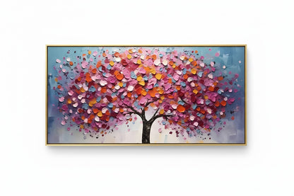 A framed horizontal canvas painting of a stylized tree with a textured, impasto-style leaf canopy in shades of pink, orange, purple, and blue against a soft blue and gray background.